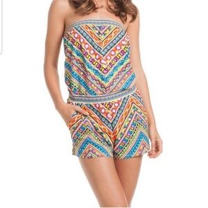 Trina Turk Peruvian Stripe Romper Swimsuit Coverup with Pockets Size M Strapless
